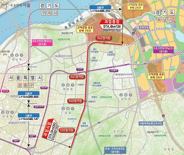9호선 4단계 연장사업 노선도(939정거장~942정거장)