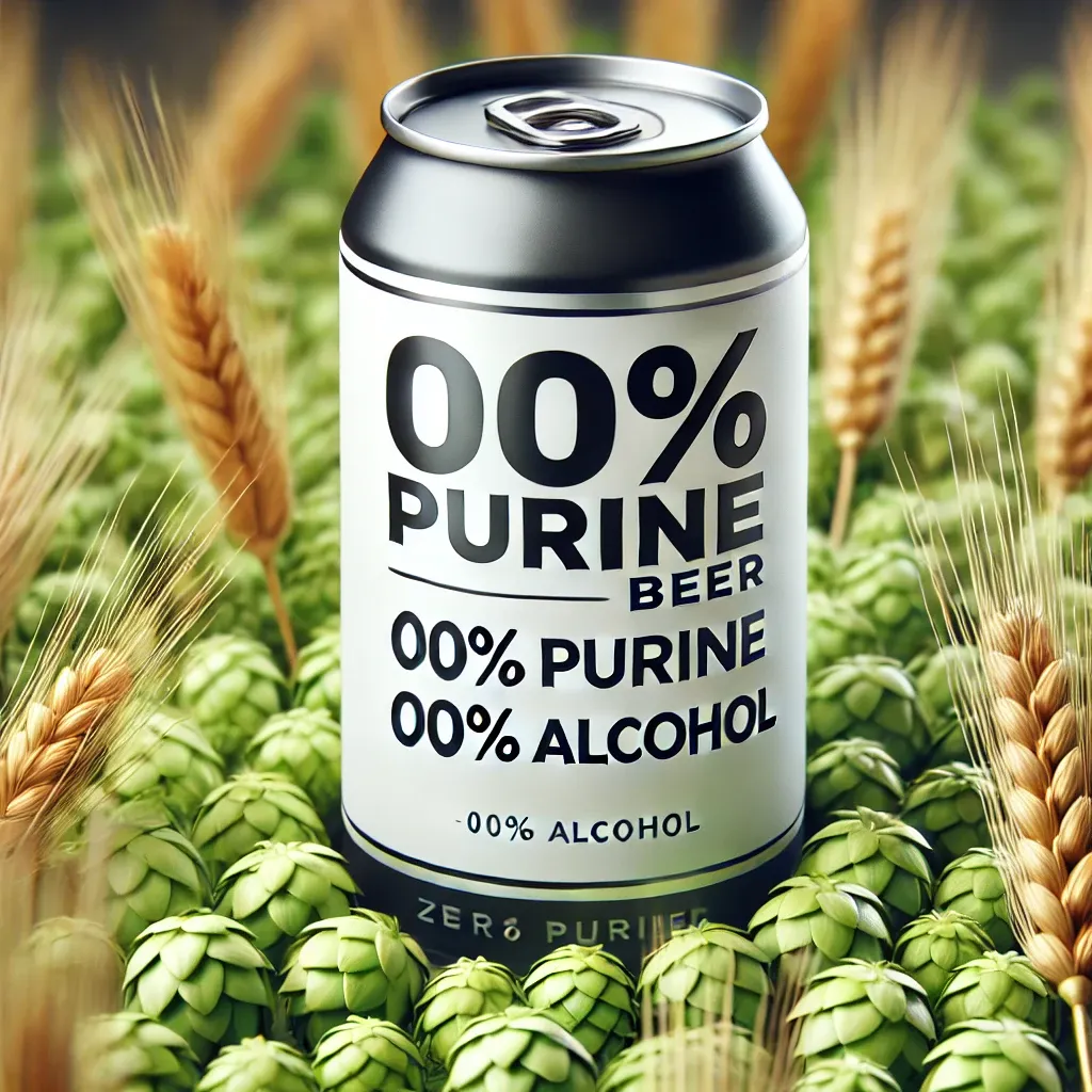 0% 퓨린과 0% 알코올을 강조한 제로퓨린 맥주 캔, 신선한 홉과 보리가 배경으로 사용된 이미지