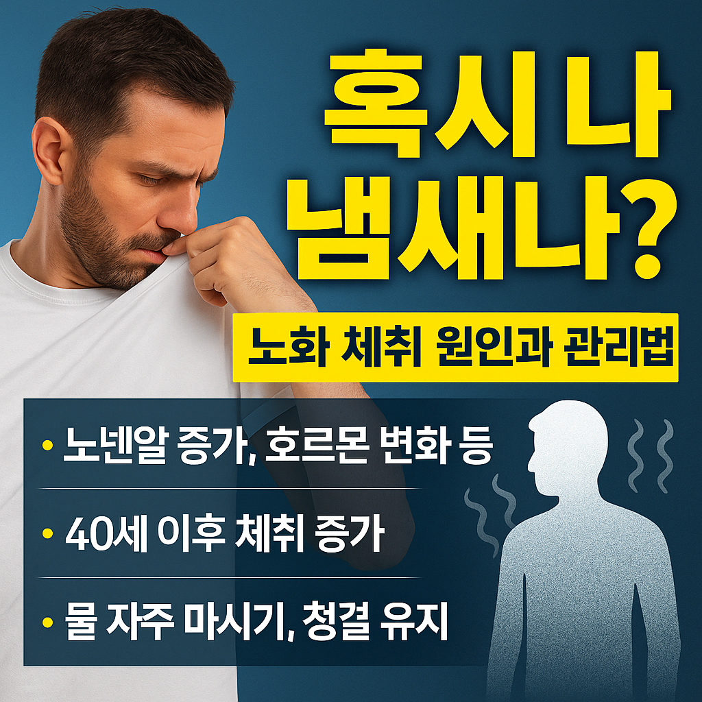 노넨알 증가로 40세 이후 체취가 강해질 수 있다는 내용을 설명하는 뉴스형 썸네일 이미지
