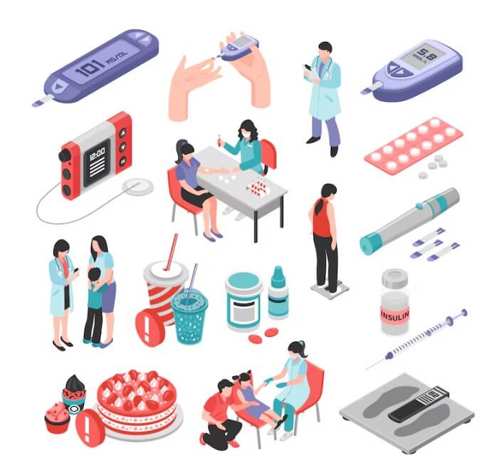 당뇨 환자들이 병원에서 여러 가지 일들을 하고 있는 모습