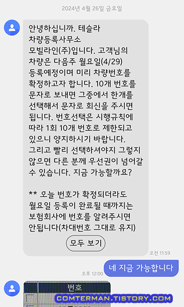 테슬라 등록 대행 차량 번호 선택