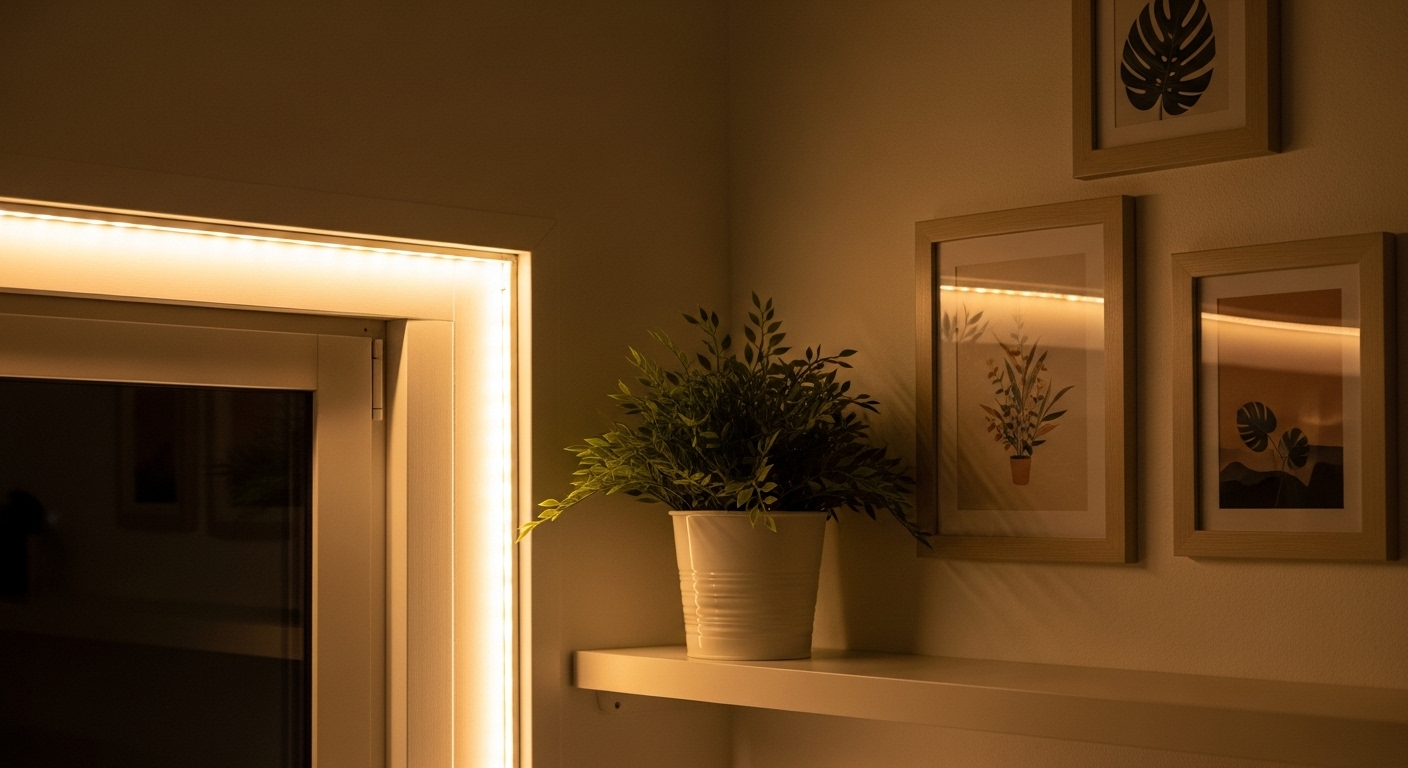 미니멀한 자취방 침대 옆, 따뜻한 조명과 작은 식물, 감성적인 포스터로 꾸며진 아늑한 코너. 편안하고 차분한 분위기를 연출한다.