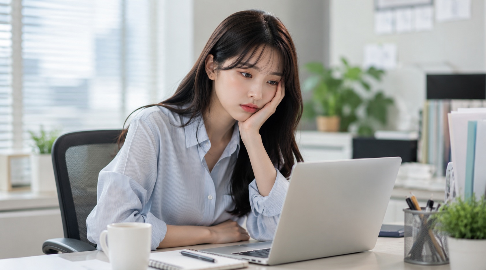 사무실에서 피로한 표정으로 노트북을 바라보는 여성