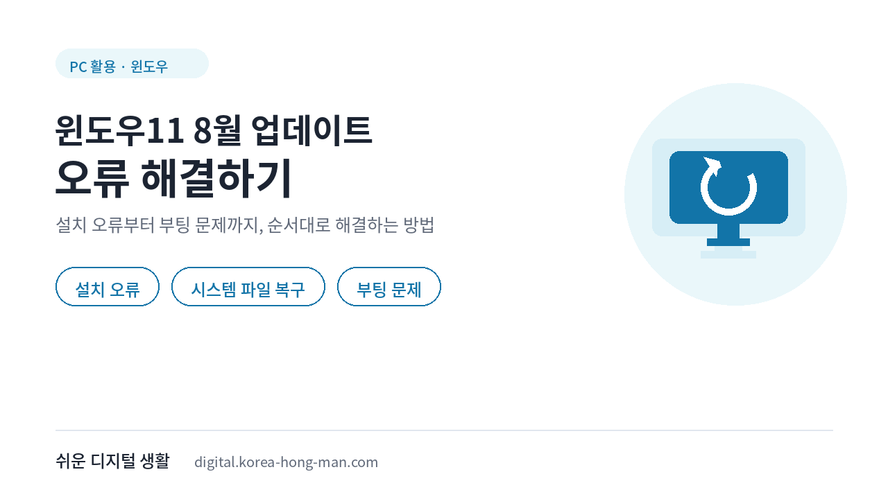 윈도우11 8월 보안 업데이트 KB5121003 설치 오류와 부팅 문제 해결 안내
