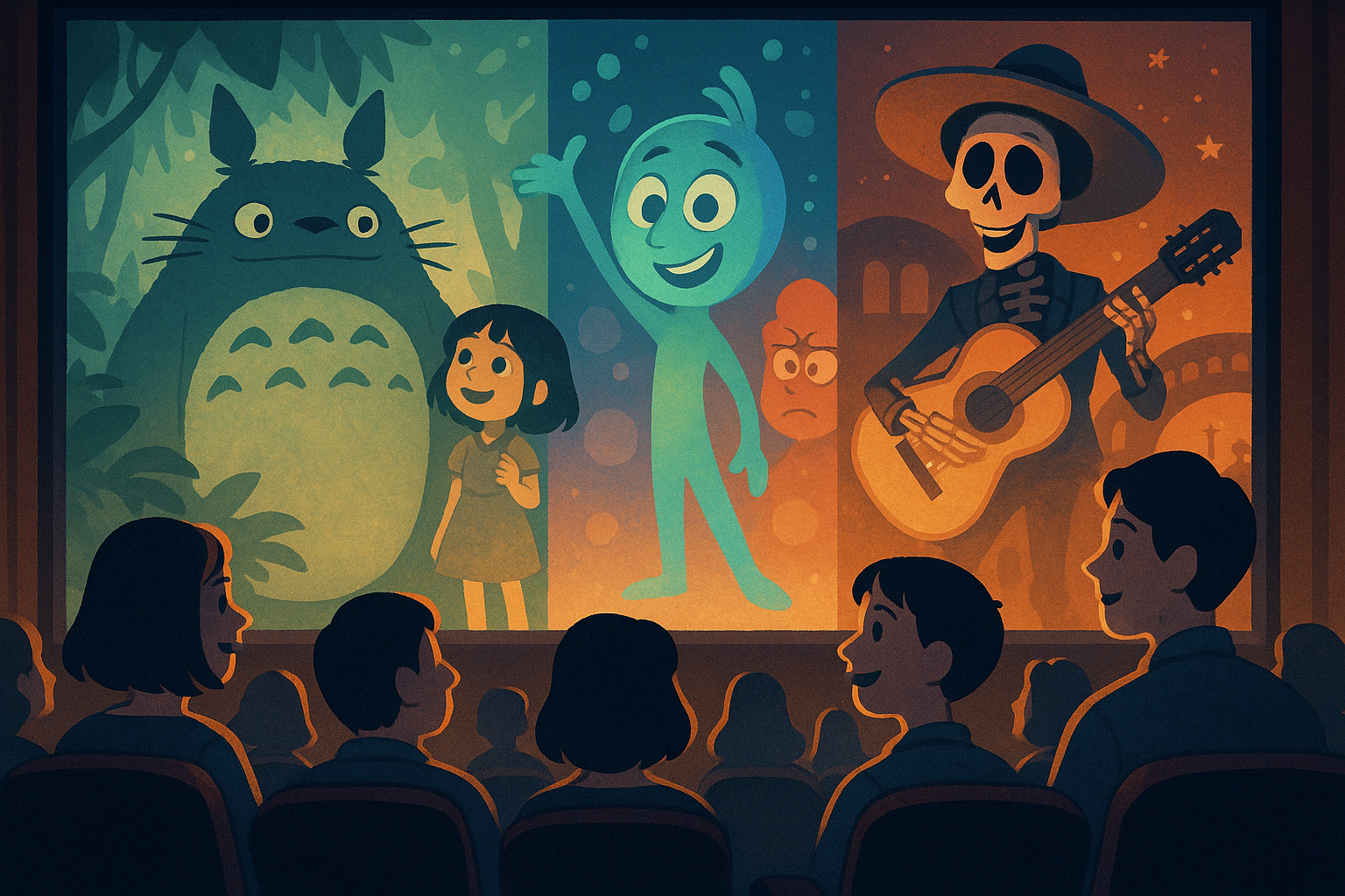 영화관 스크린 속에는 다양한 애니메이션 장면