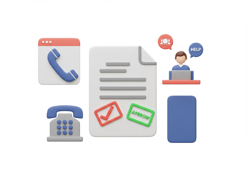 빨간 거부 도장과 녹색 승인 도장이 있는 공식 문서와 전화기, 헬프 데스크 기호가 주변에 있는 3D 아이콘