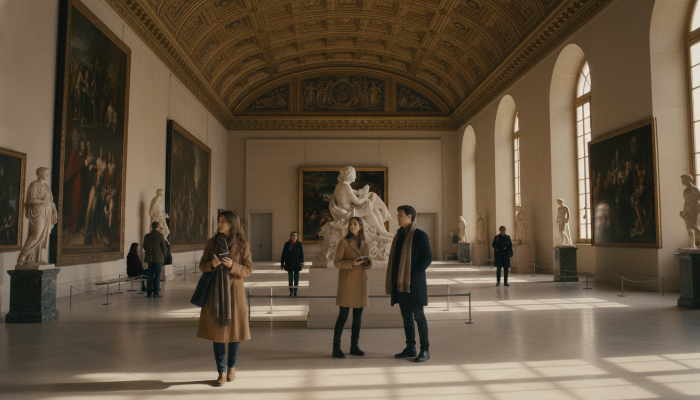 겨울철 루브르 박물관 내부의 고요하고 웅장한 모습. 빛이 들어오는 홀에서 방문객들이 조용히 고전 조각상을 감상하고 있다.