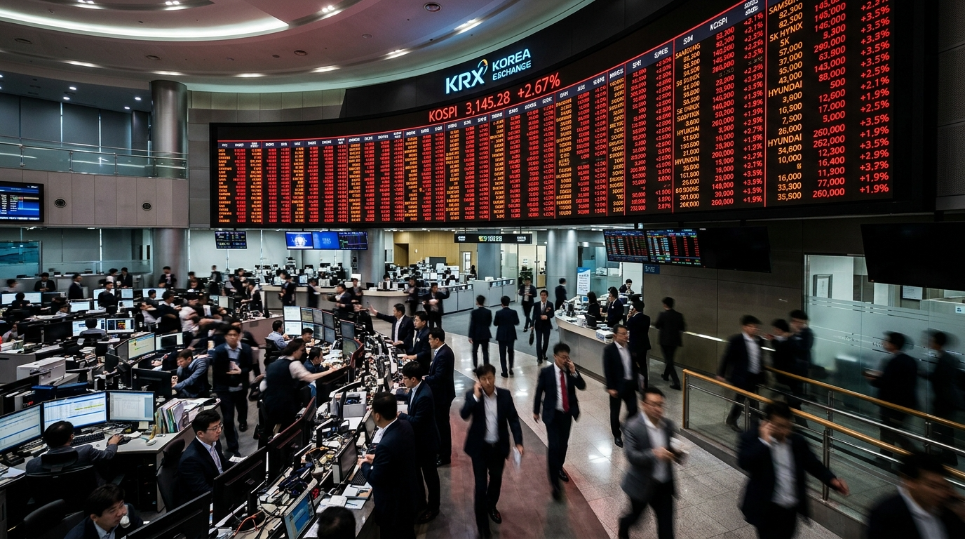 한국 거래소 전광판이 상승장(빨간색)을 나타내며 활기차게 돌아가는 모습