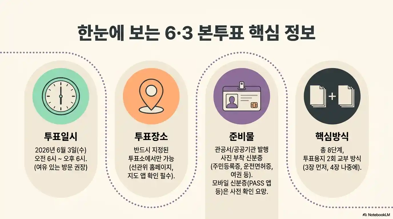 6&middot;3 본투표 핵심 정보 한눈에 보기 - 투표일시 2026년 6월 3일 오전 6시~오후 6시, 지정 투표소에서만 가능, 사진 부착 신분증 필수, 총 8단계 투표용지 2회 교부 방식