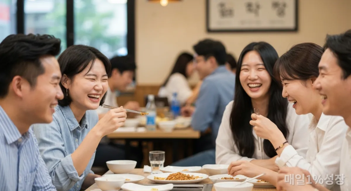 식당에서 즐겁게 웃고 이야기하는 한국인 친구들