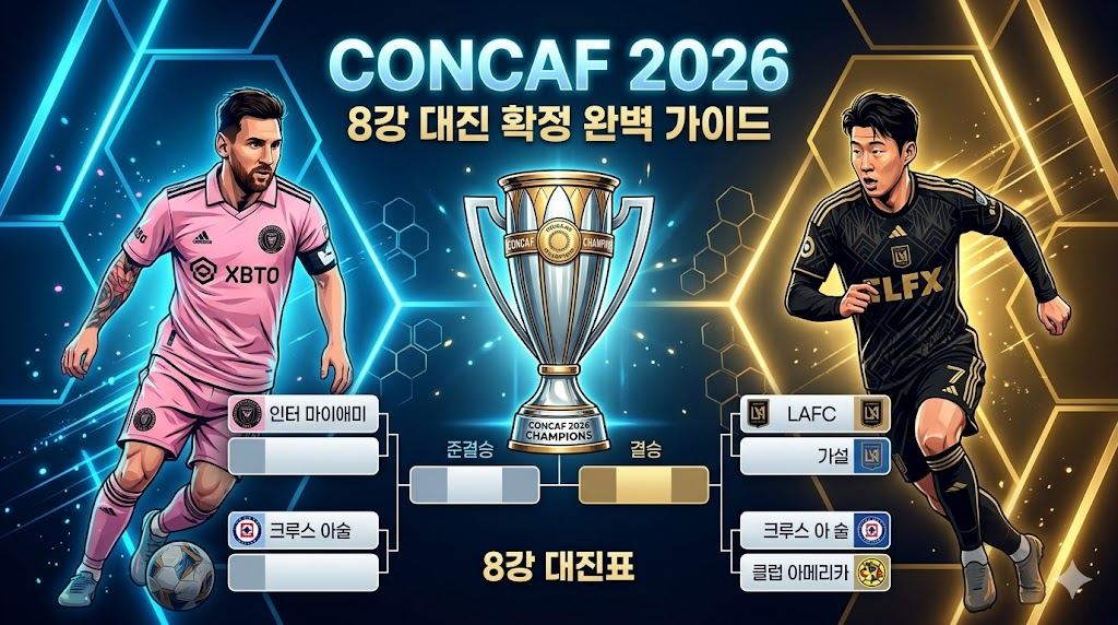 네온 블루와 골드 톤의 화려한 배경에 'CONCAF 2026' 트로피가 중앙에 있고, 주변으로 메시(Inter Miami)와 손흥민(LAFC)의 역동적인 모습이 실루엣으로 배치된 세련된 대진표 인포그래픽 이미지.