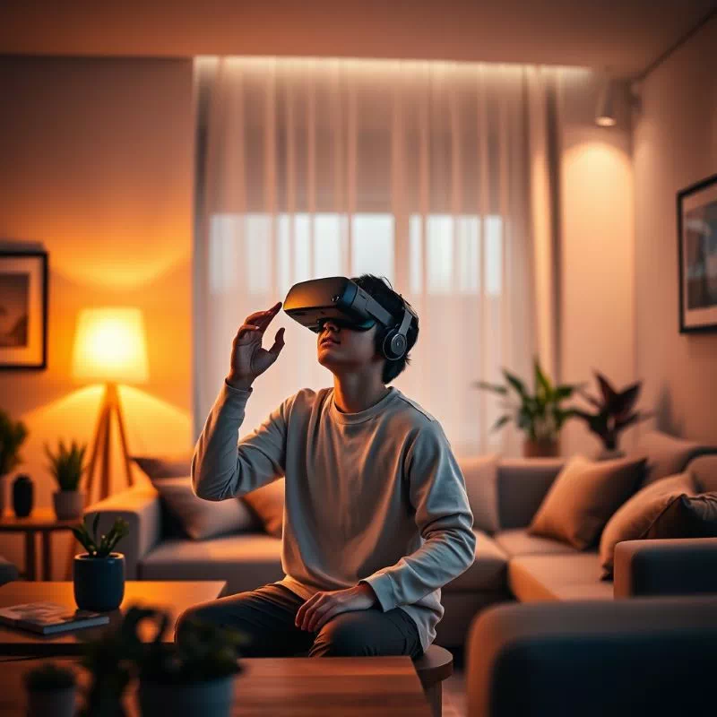 스마트 조명이 켜진 거실에서 한 사람이 VR 헤드셋을 쓰고 가상 여행을 즐기는 2025년의 집콕 휴가 모습