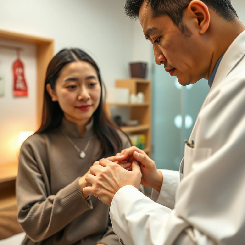 한의사가 환자의 손목을 잡고 맥을 짚는 장면을 클로즈업하여 보여줍니다. 배경은 깔끔하고 정돈된 한의원 진료실의 모습이며, 따뜻하고 편안한 조명이 공간을 감쌉니다. 환자의 얼굴은 평온하고, 한의사의 표정은 진지하고 전문적인 느낌을 줍니다.