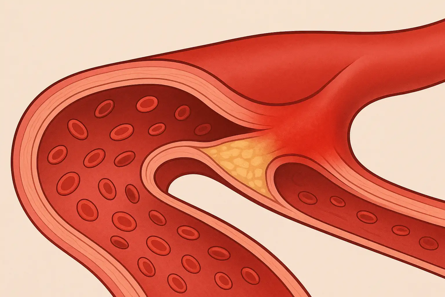 중년 이후 혈관 내부를 보여주는 단면도, 좁아진 혈관과 느려진 혈류, 만성 염증