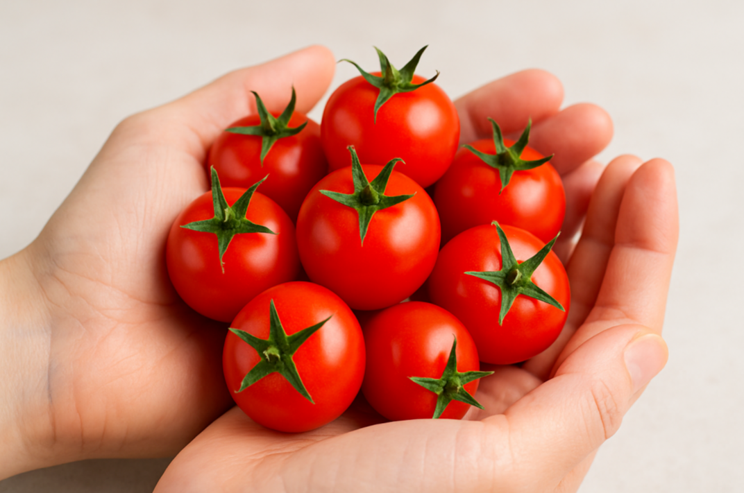 붉은 방울토마토를 손에담은 저칼로리 간식 이미지