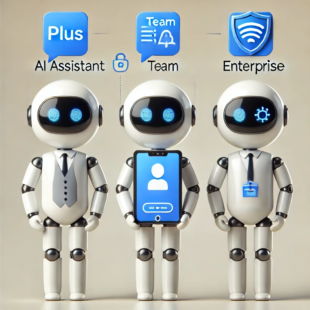 ChatGPT Plus, Team, Enterprise를 표현하는 AI 캐릭터 세 명이 나란히 서 있는 3D 일러스트