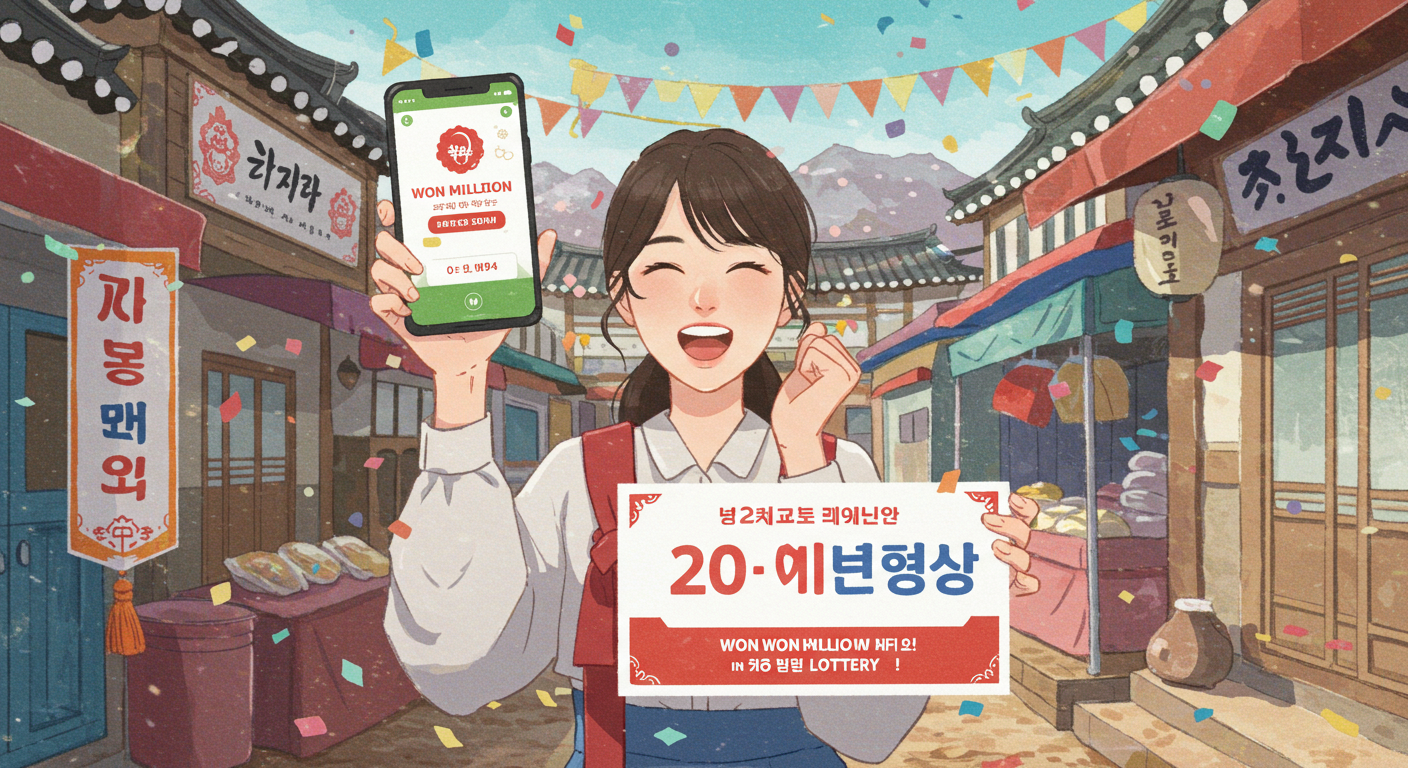 전통시장 배경에서 소비복권 당첨을 확인하며 기뻐하는 여성