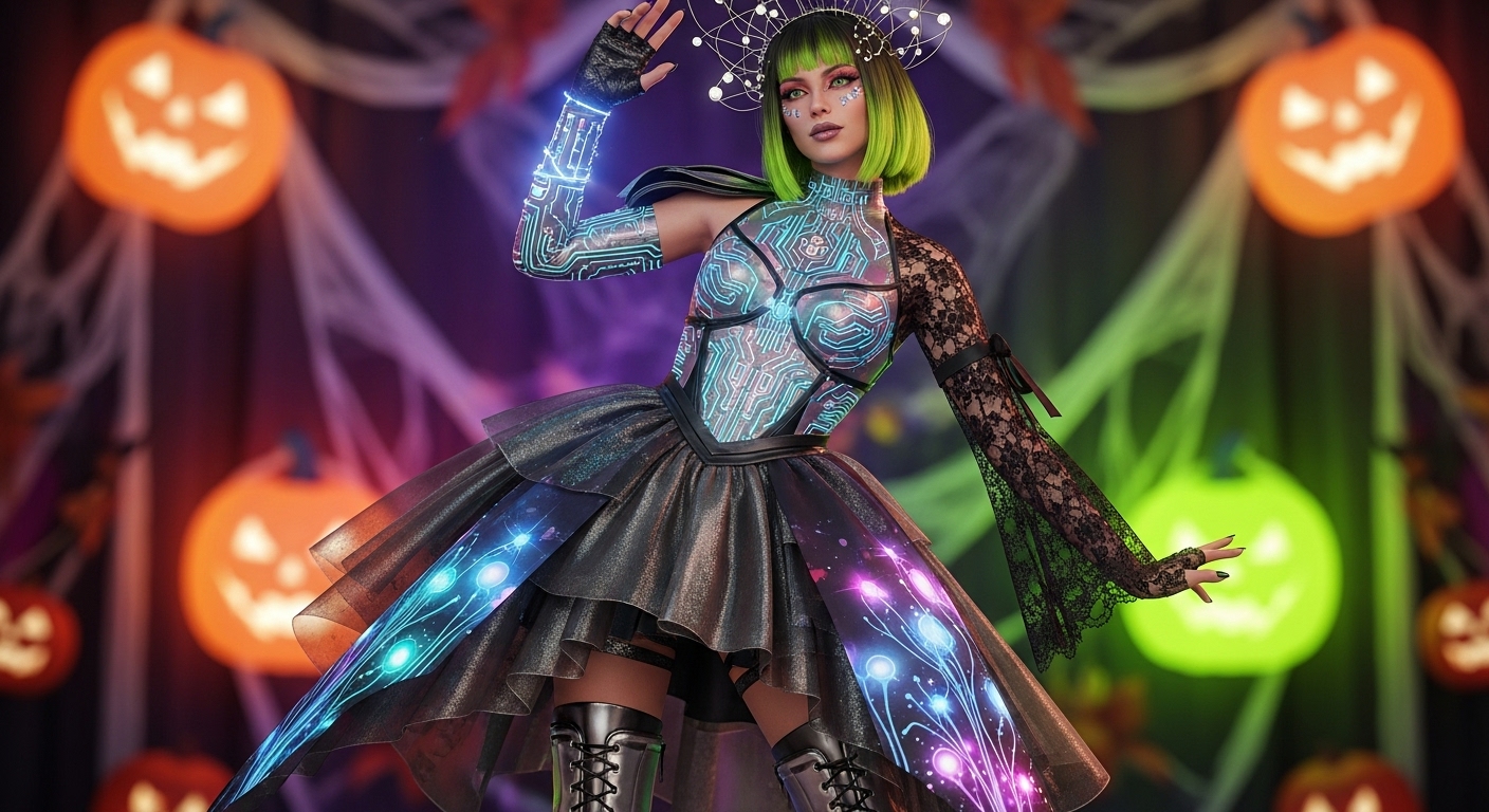 2025년 최신 유행을 반영한 독특하고 개성 넘치는 할로윈 코스튬을 입은 젊은이의 모습.