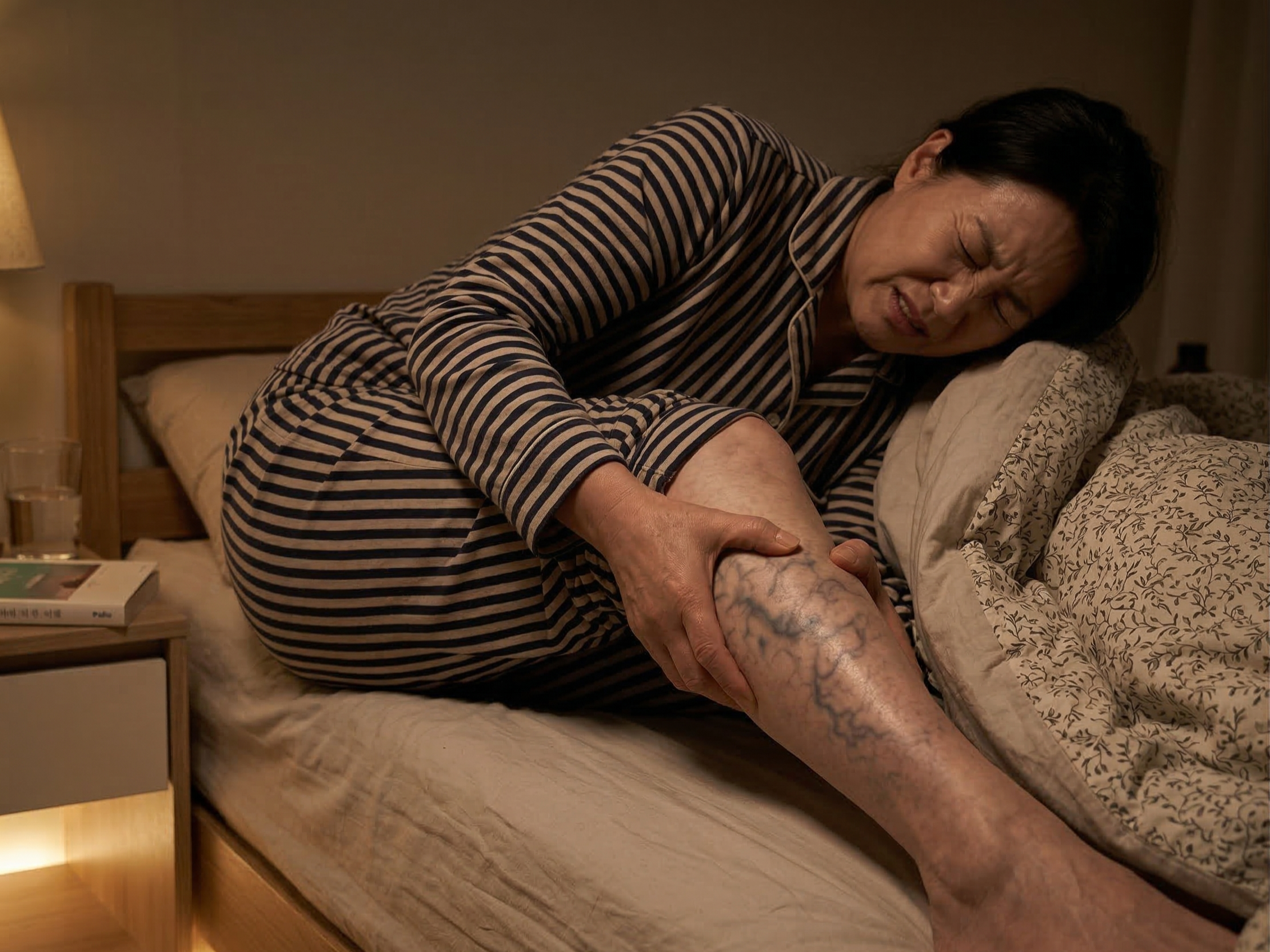 자다가 종아리에 쥐가 나서 고통스러워하는 중년 여성