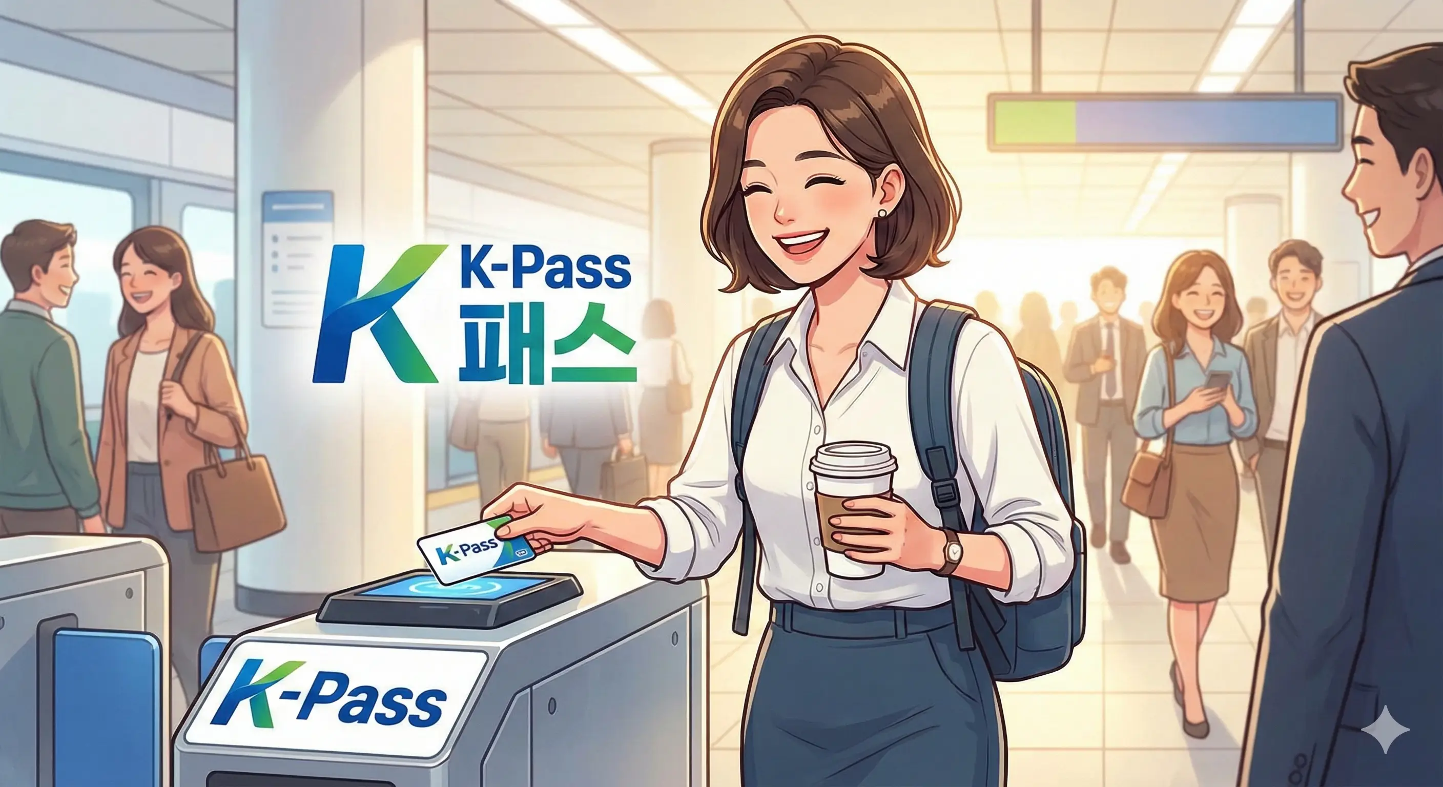 즐겁게 출근하는 직장인과 K-패스 로고가 어우러진 이미지