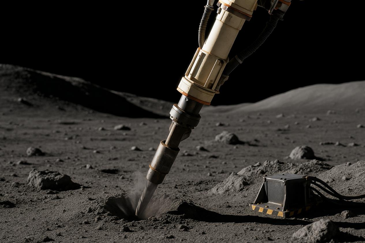 달 표면에서 드릴이 광물을 캐내는 장면