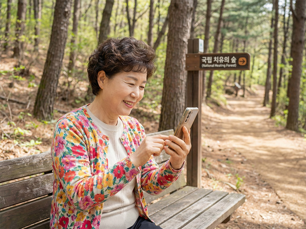 화사한 봄 외투를 입은 한국의 60대 여성이 숲속 벤치에 앉아 스마트폰으로 예약 완료 문자를 확인하며 만족스러운 듯 미소 짓는 모습