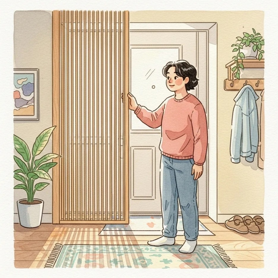 새롭게 설치된 중문을 만족스럽게 바라보는 사람