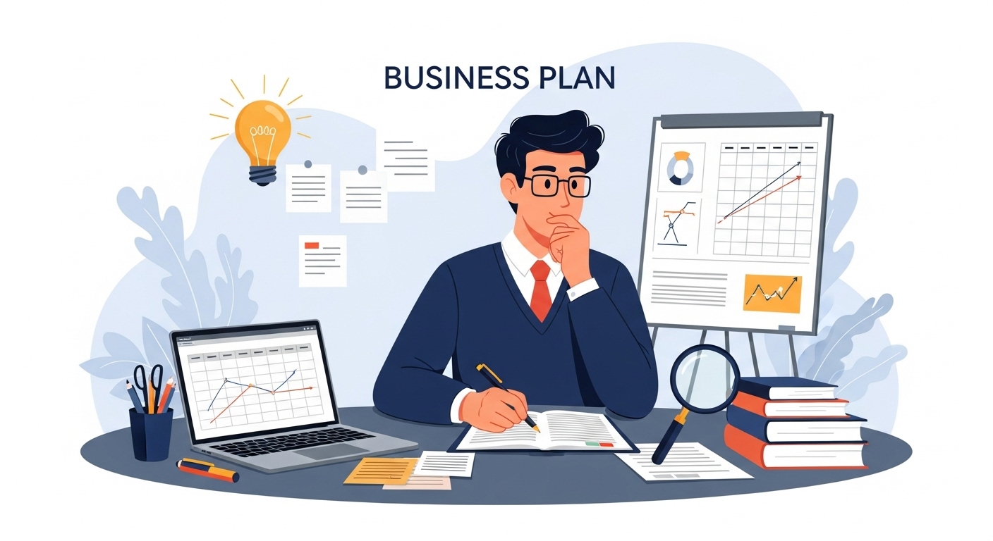 소상공인이 성공적인 정책자금 신청을 위해 사업 계획서를 신중하게 준비하는 모습.