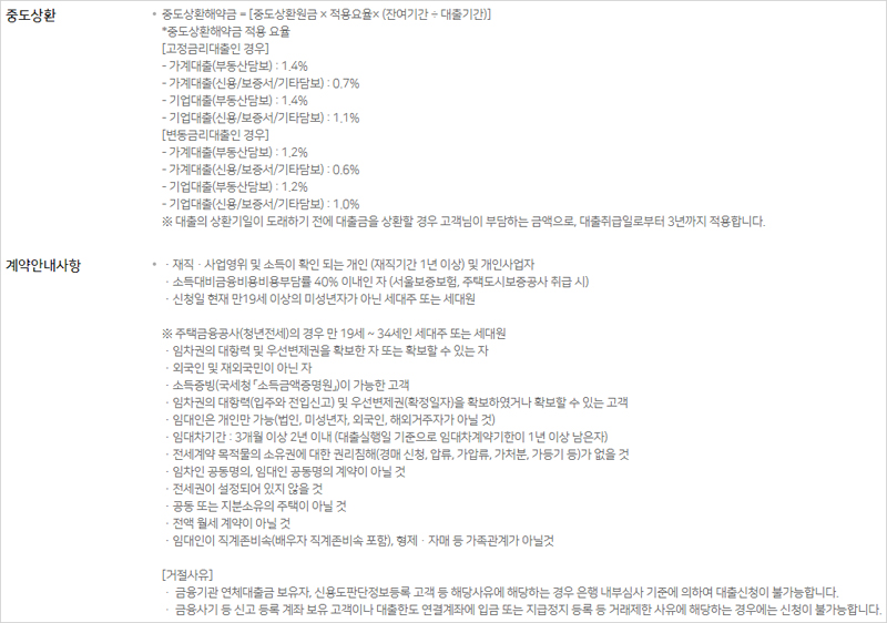 NH모바일전세대출+ 농협 전세자금대출 중도상환 및 계약안내사항 홈페이지 설명 내용