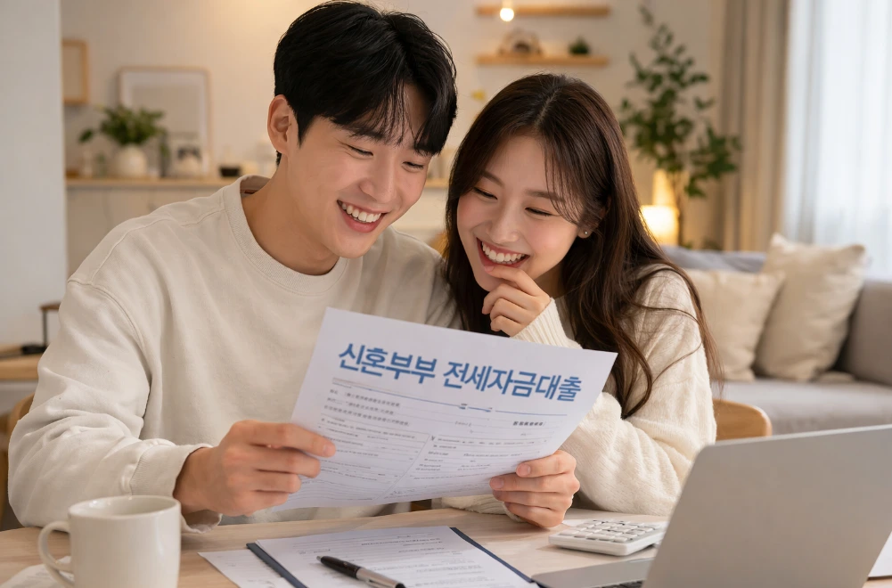 신혼부부가 전세자금대출 서류와 조건을 꼼꼼히 확인하는 모습