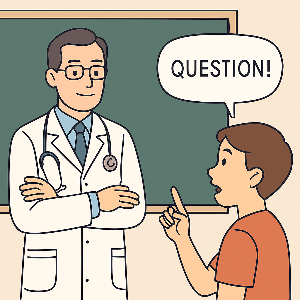 Q&A 에 관한 그림으로 의사선생님이 칠판앞에 서있고 학생이 질문있다면서 물어보는 그림