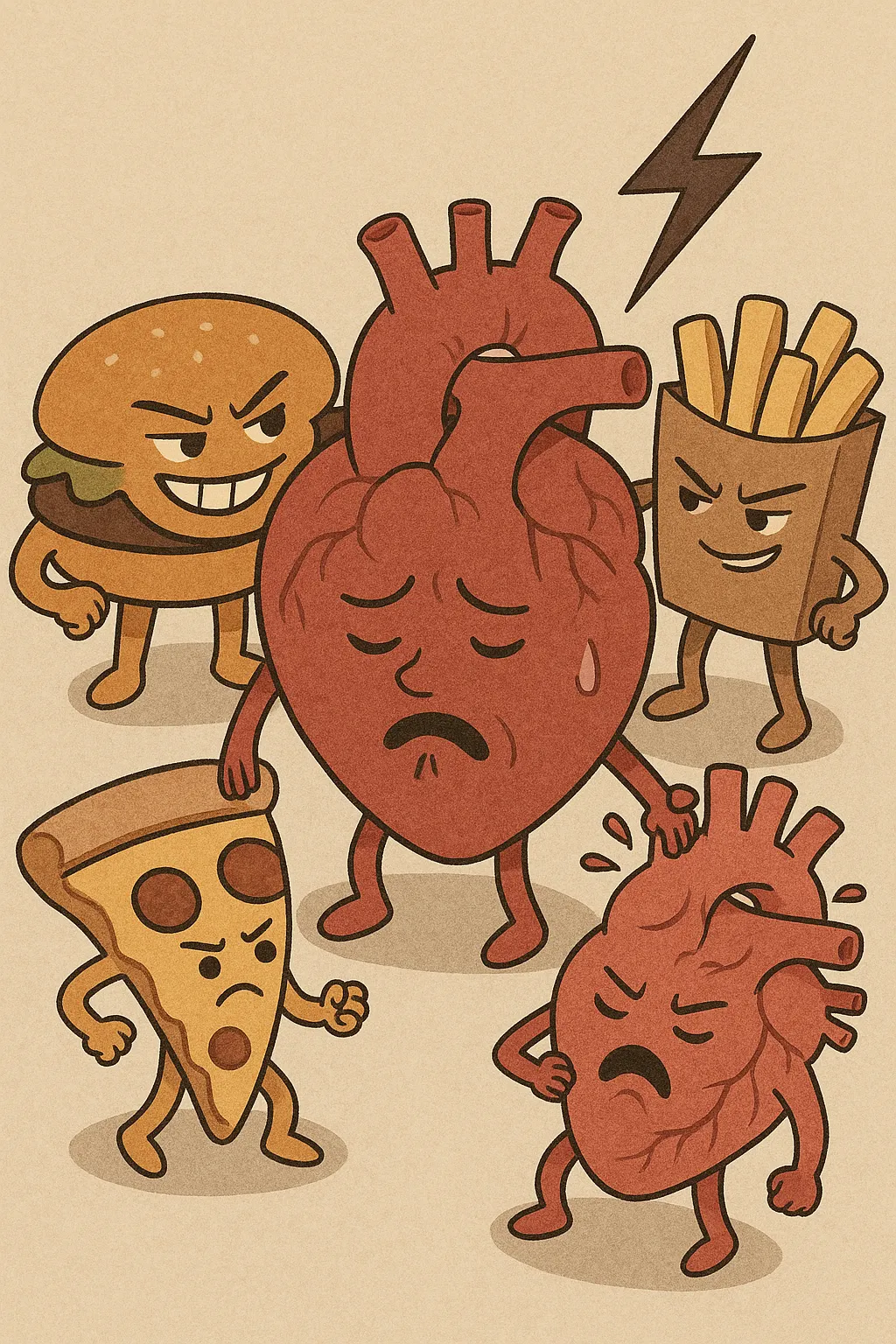 트랜스지방이-우리-몸에-해로운-이유를-표현한-일러스트로,-패스트푸드-캐릭터들이-심장을-괴롭히는-모습을-유머러스하면서도-경고의-메시지로-묘사함.