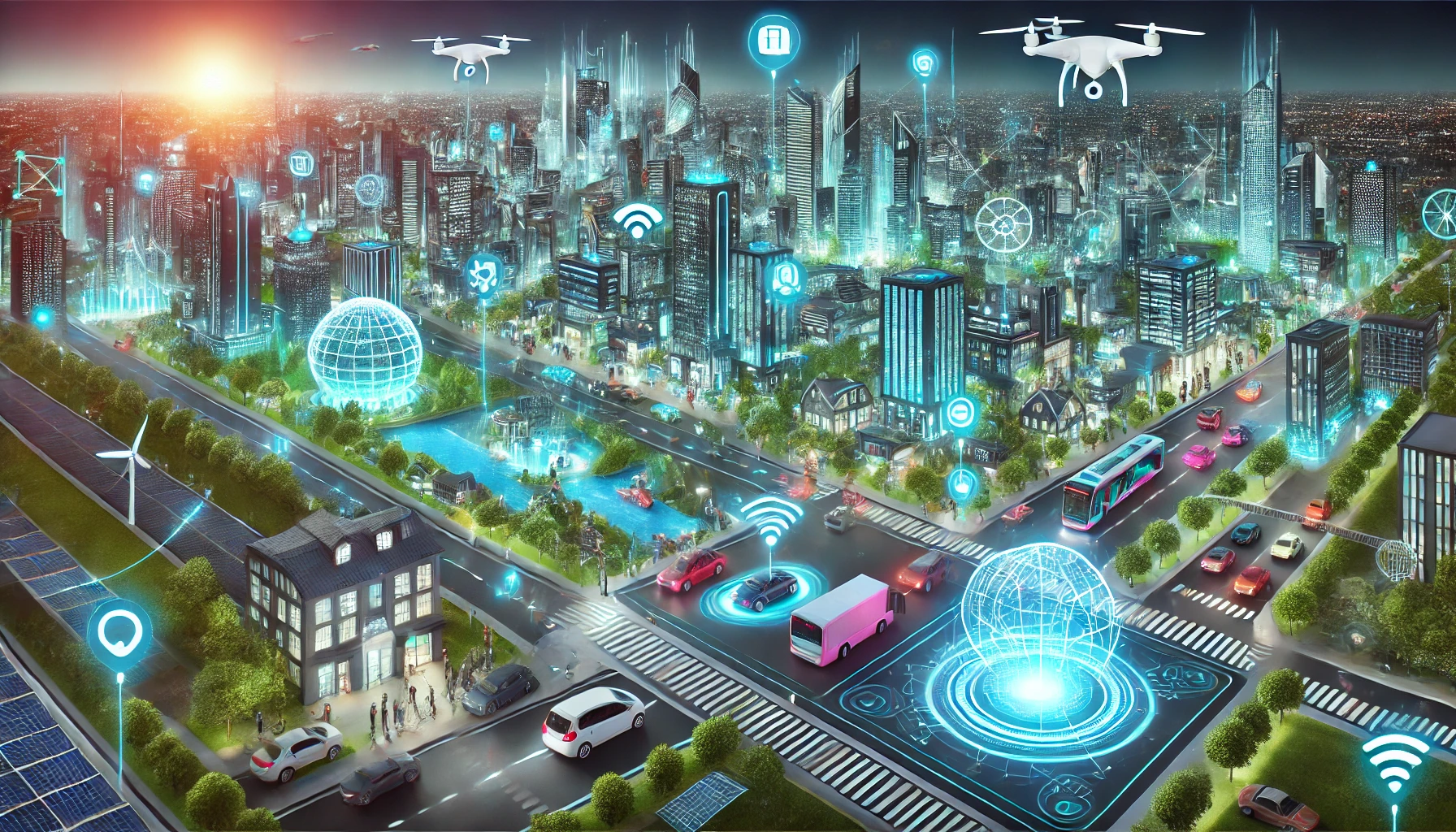 A futuristic smart city with high-tech buildings