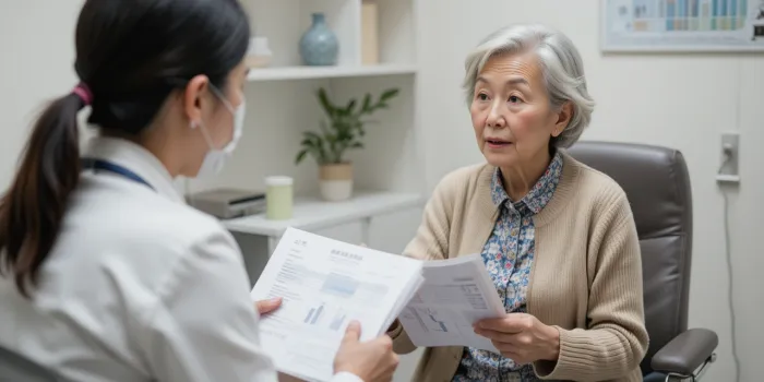 병원 진료실에서 췌장암 4기 관련 치료 계획을 듣고 있는 여성의 장면
