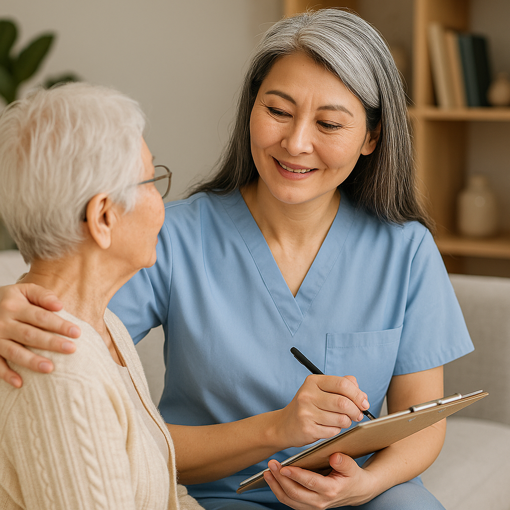 실내에서 랩탑을 사용하며 온라인 교육 콘텐츠를 시청 중인 동아시아 중년 여성. 성실하게 자격증 공부를 이어가고 있다.
