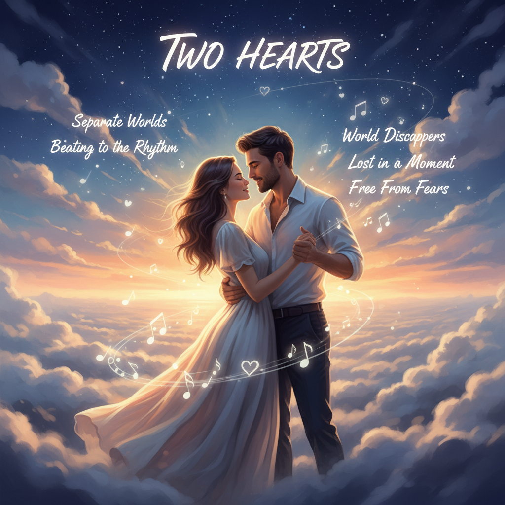 필 콜린스 'Two Hearts' 노래 제목이 쓰여진 비닐 레코드판 위로 맞잡은 두 손, 따뜻한 노을빛이 감도는 로맨틱한 분위기.