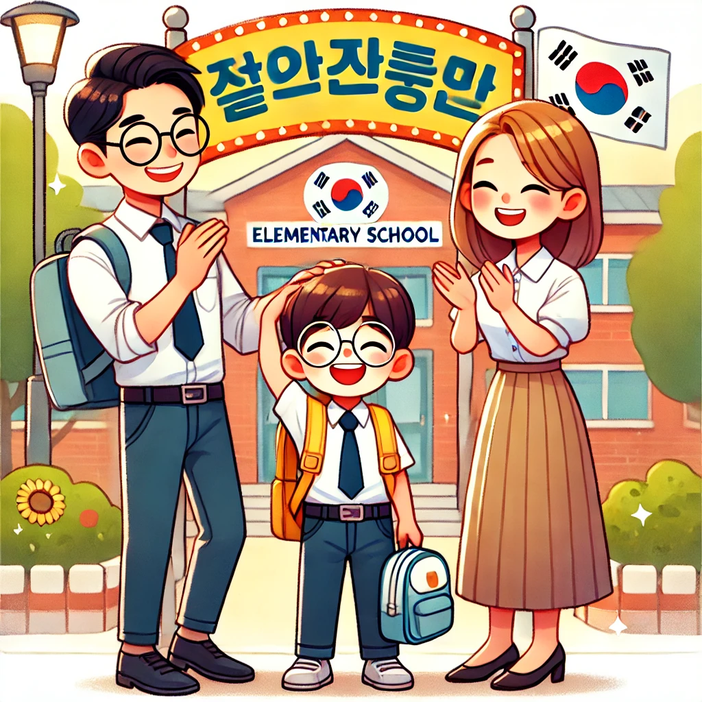 &quot;밝고 따뜻한 분위기 속에서 한국 가족이 초등학교 입학을 축하하는 모습. 아이는 새 교복을 입고 가방을 메고 있으며, 부모님은 미소를 지으며 박수를 치고 있다. 배경에는 '입학 축하'라고 적힌 간판이 있는 초등학교가 보인다.&quot;