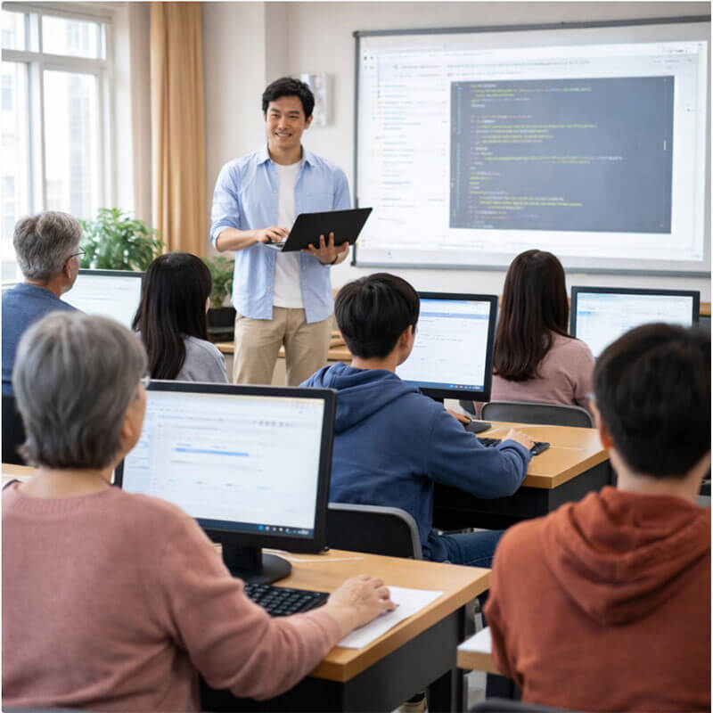 컴퓨터 교육 교실에서 다양한 연령대 수강생들이 컴퓨터 수업을 듣는 장면