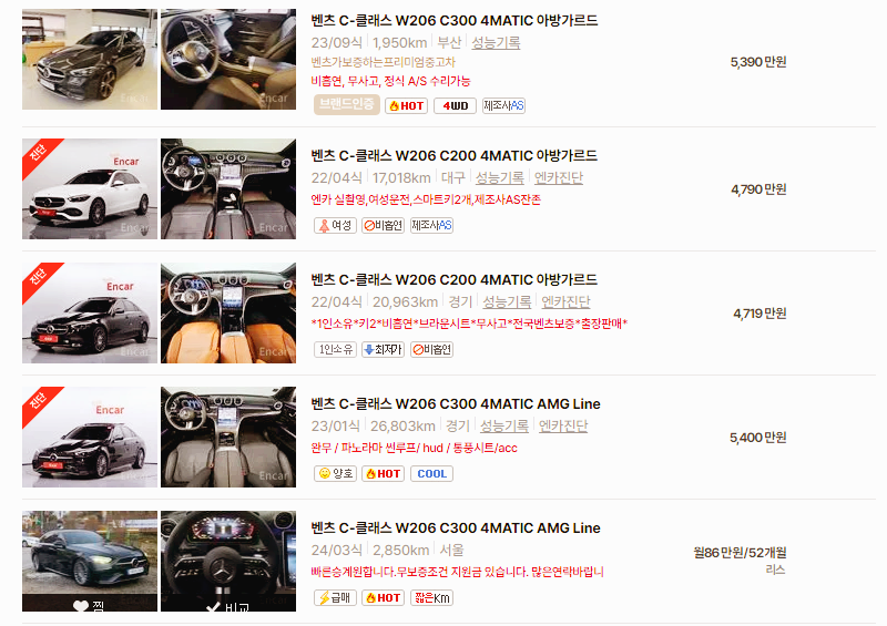 벤츠 C클래스 중고차 가격 시세표 24년10월