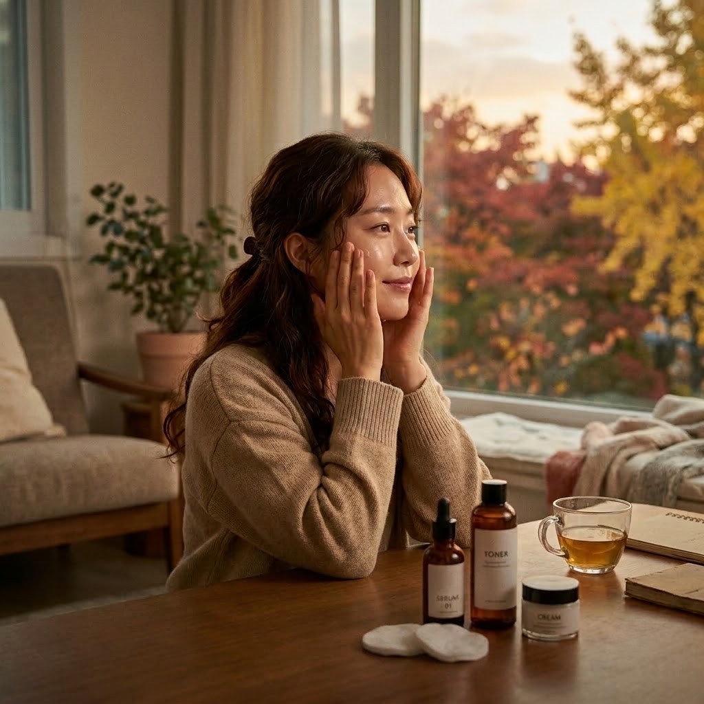 Soft autumn morning light through a window, a young Korean woman gently patting skincare toner onto her cheek in front of a mirror, warm beige tones, cozy bedroom, minimal aesthetic, editorial beauty photography style