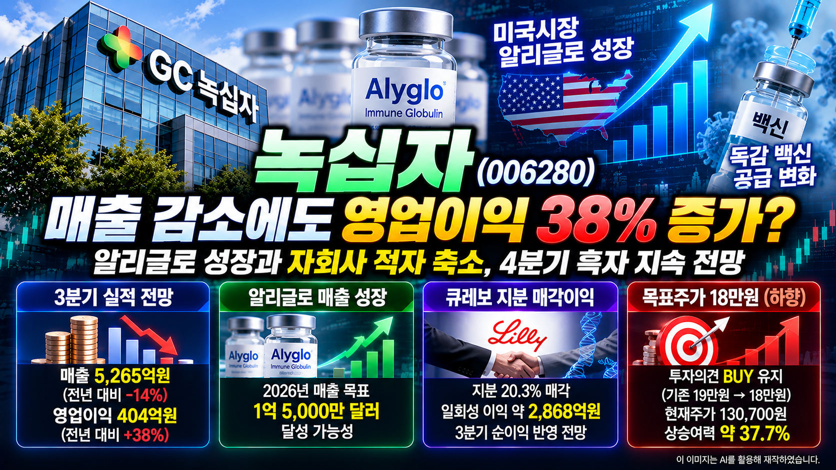 녹십자(006280) 기업분석, 2026년 3분기 매출 5,265억원과 영업이익 404억원 전망, 알리글로 미국 시장 성장 및 자회사 적자 축소, 큐레보 지분 매각이익 2,868억원과 목표주가 18만원 분석