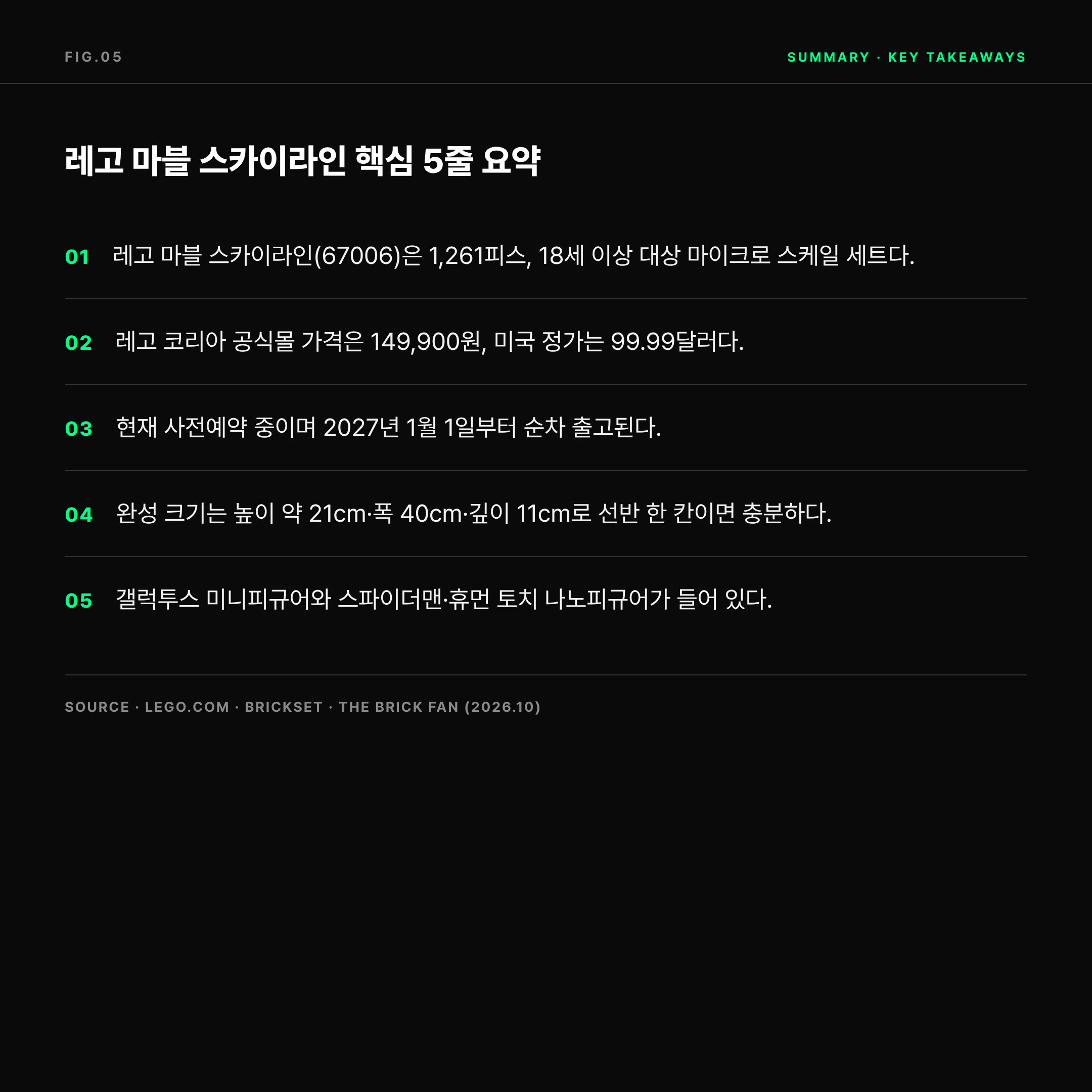 2026 레고 마블 스카이라인 67006 핵심 5줄 요약