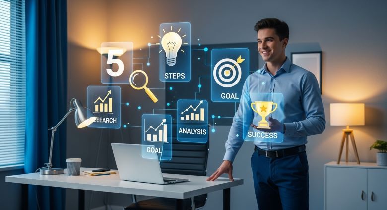 저녁 사무실에서 파란 셔츠 입은 남성이 노트북 옆에 서서 미소지으며, 홀로그램으로 표시된 5단계 비즈니스 전략 아이콘들(숫자5, RESEARCH 돋보기, STEPS 전구, GOAL 타겟, ANALYSIS 차트, SUCCESS 트로피)을 보는 성공 전략 개념 이미지