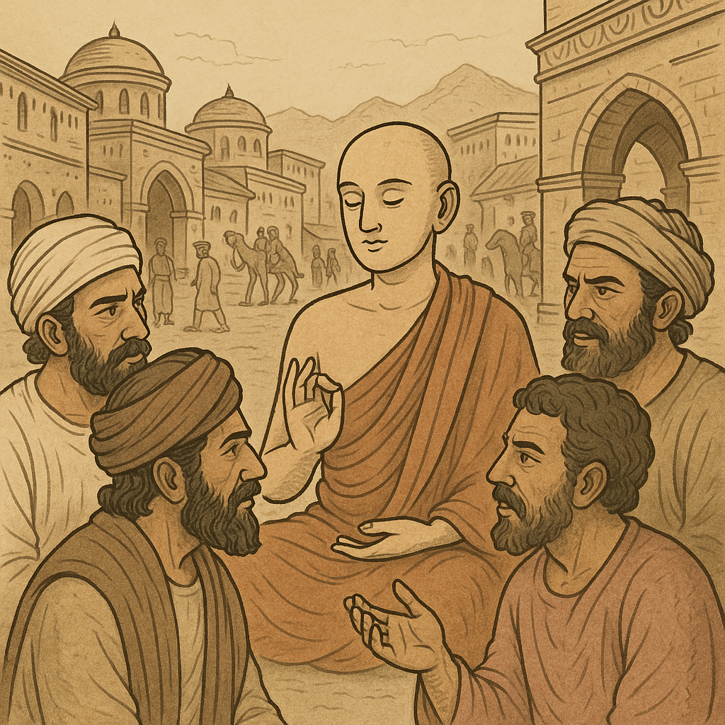 간다라 시대 도시에서 토론하는 승려와 상인들