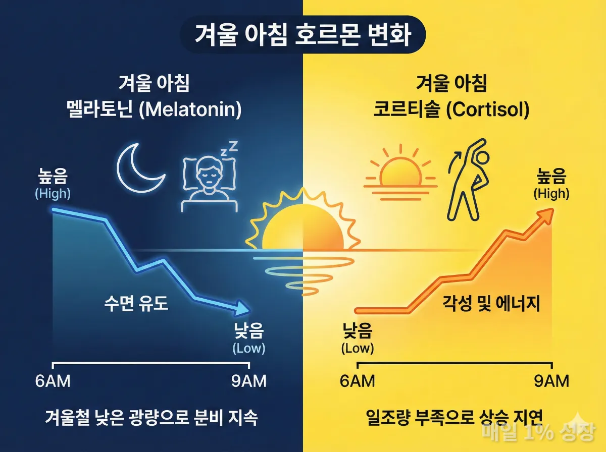 겨울철 멜라토닌과 코르티솔 호르몬 변화 그래프