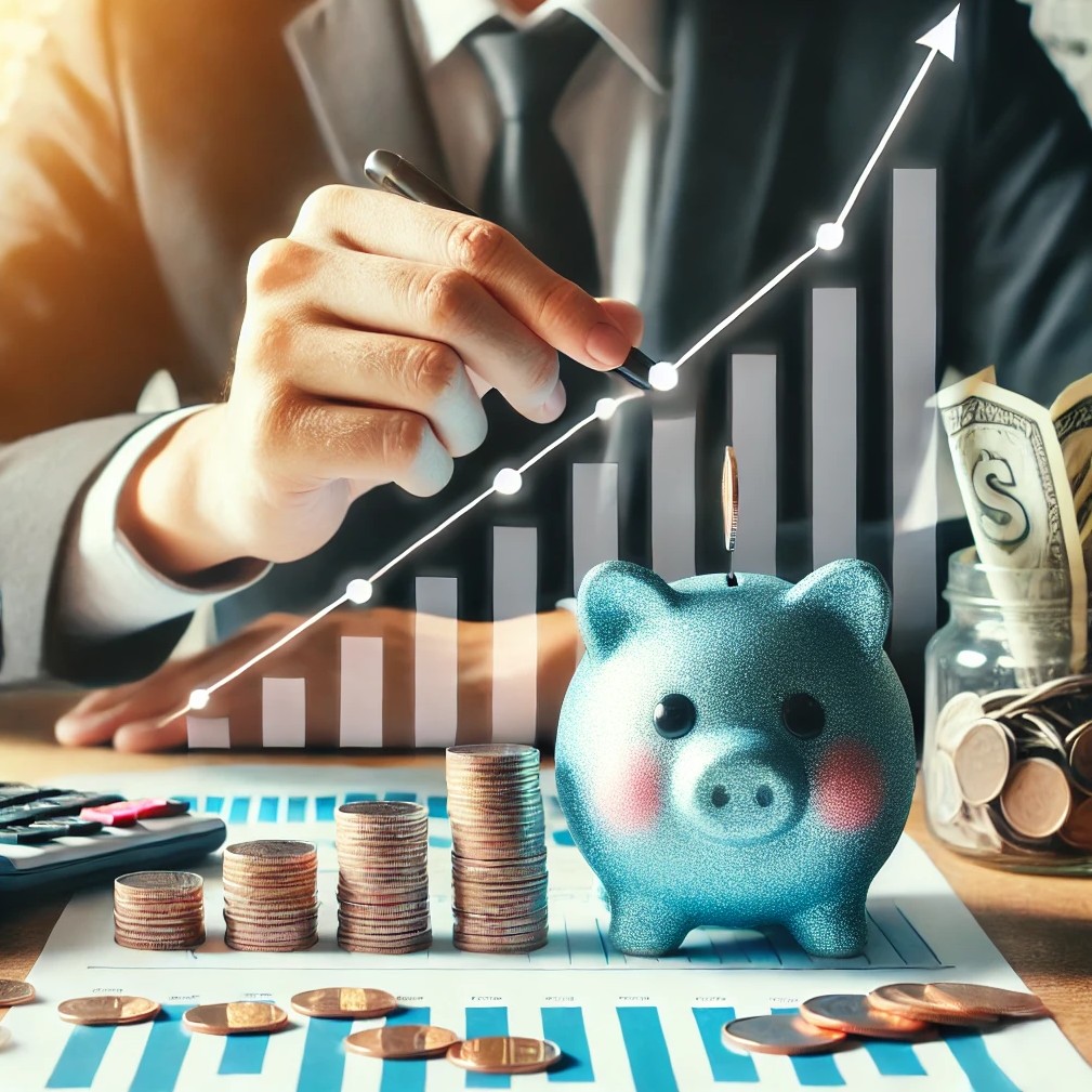 돈을 돼지저금통에 저축한다.