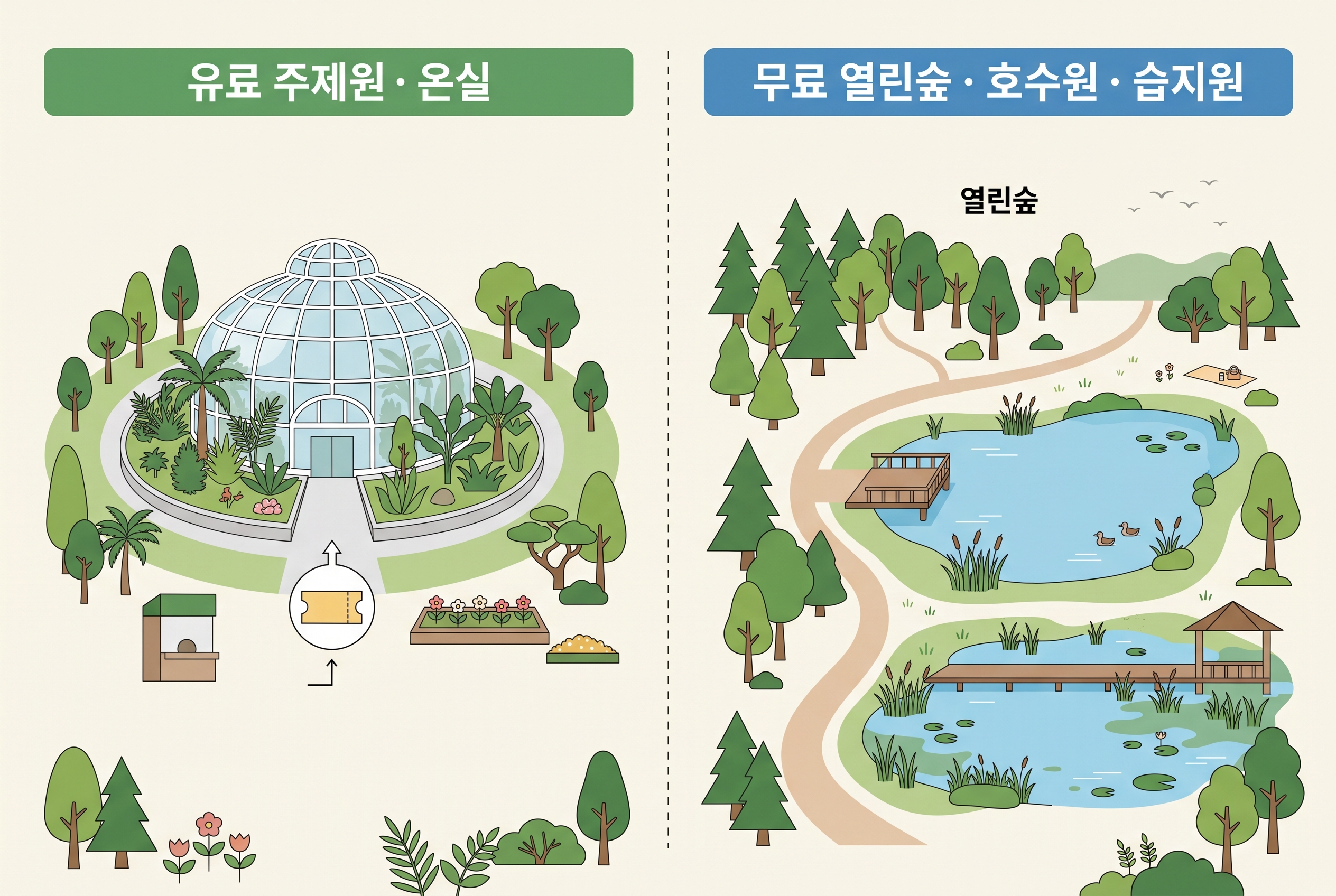 서울식물원 유료 주제원과 무료 야외 구역을 나눠 보여 주는 설명 도식