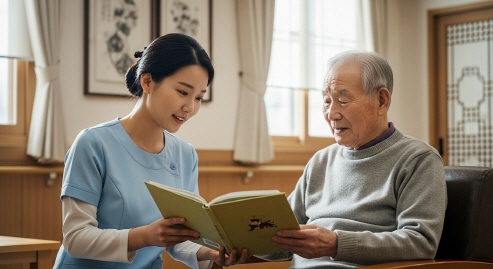 요양보호사가 책을 읽어주는 모습