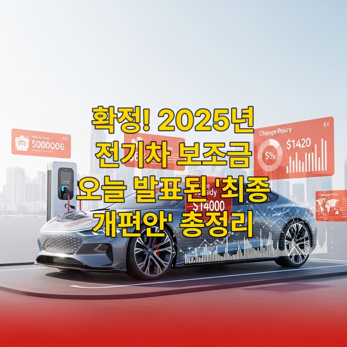 2025년 전기차 보조금 개편안 발표를 상징하는 미래형 전기차와 데이터 흐름, 정책 관련 인포그래픽