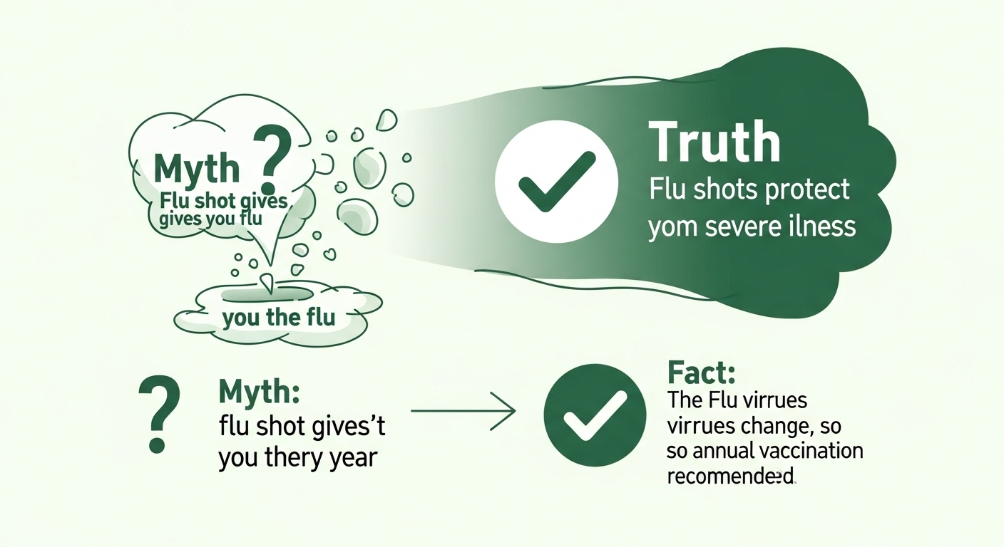 독감 예방접종에 대한 오해와 진실을 시각적으로 보여주는 일러스트. 잘못된 정보가 사라지고 올바른 정보가 드러나는 모습.